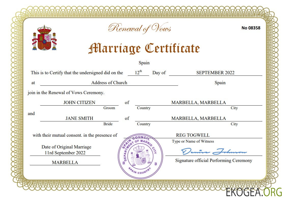 Modèle Word et PDF d'acte de mariage en Espagne